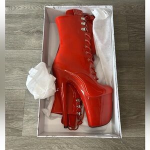 Hella Heels Red Patent 8” Platform Lace Up Boots US 6 EU 37 NIB Stripper Heels